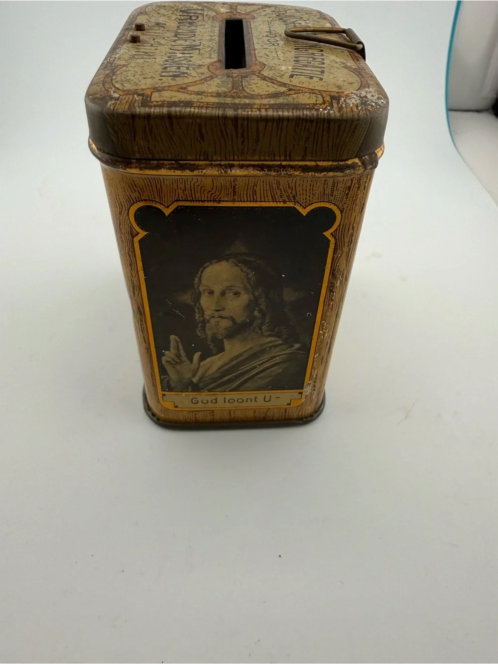Antique Dutch St Joseph Mission Tin Charity Collection Box Bank 1920s 1930s